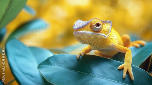 Vibrant chameleon perched on green leaves against a bright yellow background ...