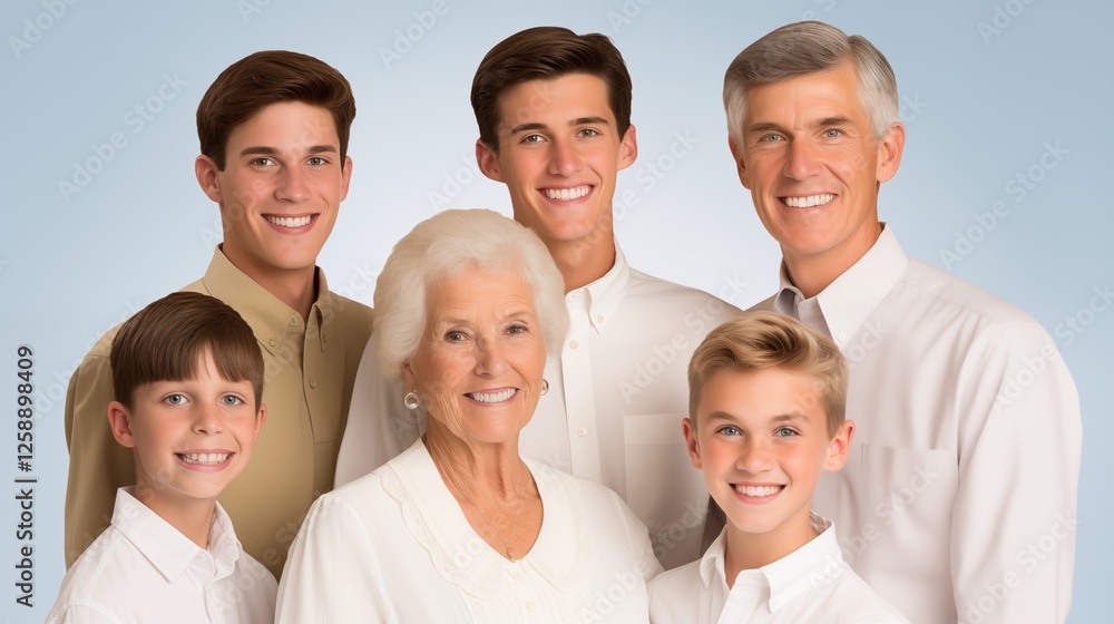 Family of six smiling together, grandparents, parents, daughter, son, granddaughter, and grandson, realistic textures, generative ai illustration Family of six smiling together, grandparents, parents, daughter, son, granddaughter, and grandson, realistic textures, generative ai illustration