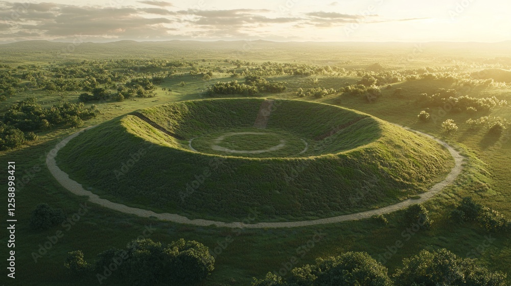 Fototapeta premium Scenic View of Circular Earthen Mounds Surrounded by Lush Landscape
