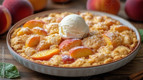 Fresh peach cobbler with ice cream served on a wooden table during summer