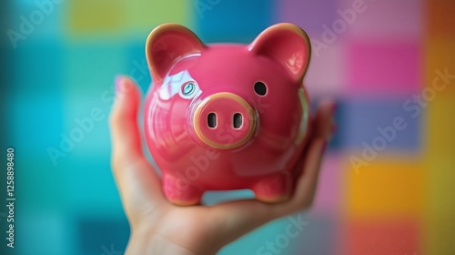 Ceramic pink piggy bank held in hand against colorful background for saving m...