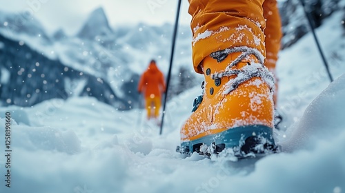 Snowy mountain trek with bright orange boots and climbers in the distance dur...
