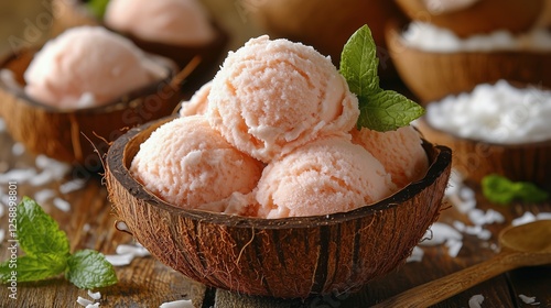 Delicious pink coconut ice cream served in wooden bowls with mint leaves
