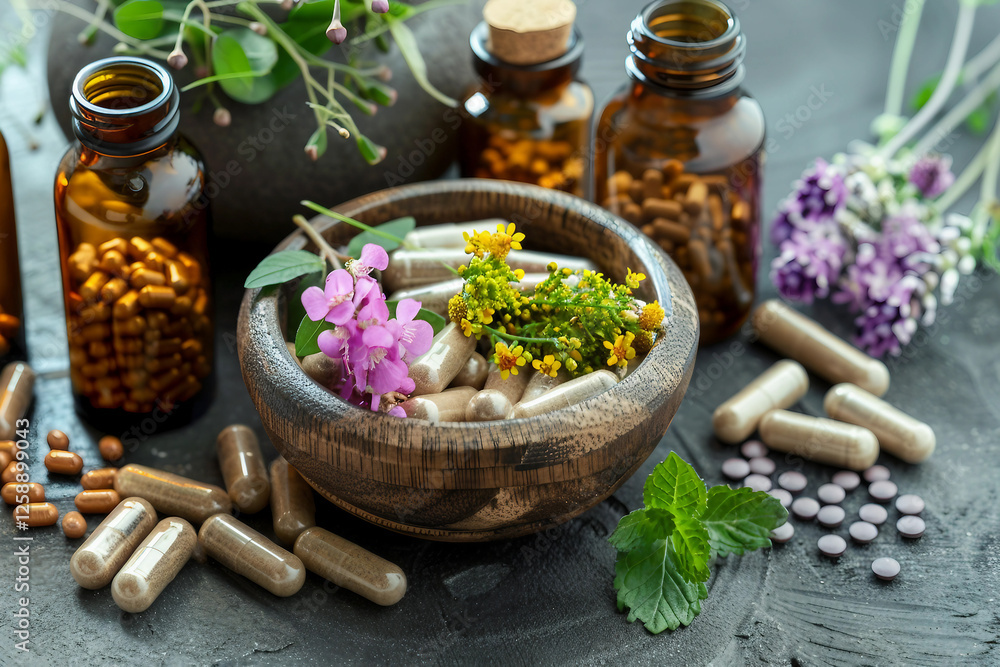 Close-up shots of botanical extracts in a traditional herbalist's apothecary generative AI Close-up shots of botanical extracts in a traditional herbalist's apothecary generative AI