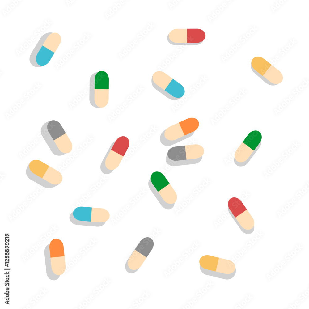 simple multicolored pills capsules lie on the surface and cast a shadow. Vector. Isolated. On a transparent background