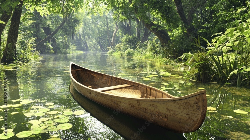 Modest Wooden Canoe Gliding Through Serene Green Waterway Modest Wooden Canoe Gliding Through Serene Green Waterway
