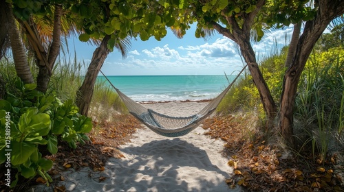 Relaxing hammock between palm trees with ocean view during sunny day