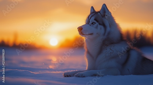 Siberian husky enjoys sunset on a snowy landscape in winter