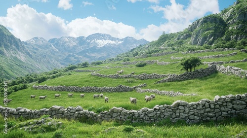 Farmers Working in Beautiful Mountainous Landscape with Sheep Grazing