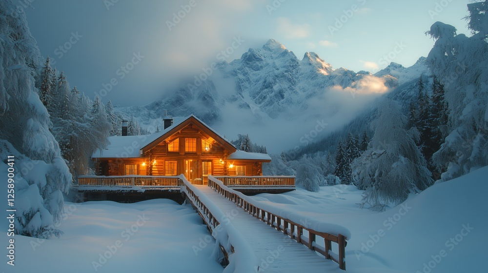 Fototapeta premium Cozy cabin illuminated in winter landscape with surrounding mountains