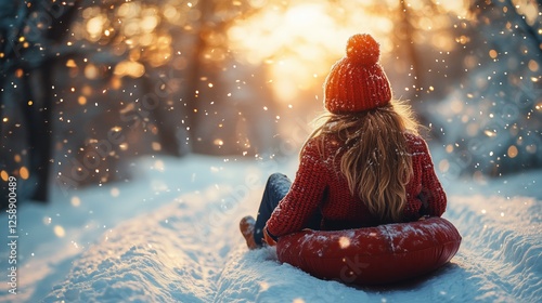 Winter fun in snow with a child on a sled enjoying a sunset in a snowy forest