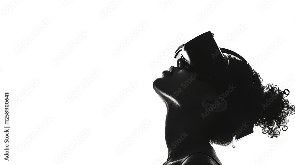 A stunning silhouette of a woman wearing a VR headset, looking upwards against a bright white background. Highlights modern technology and innovation. AI generated.