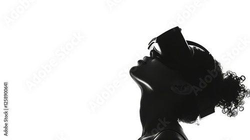Obraz na płótnie A stunning silhouette of a woman wearing a VR headset, looking upwards against a bright white background. Highlights modern technology and innovation. AI generated. w salonie