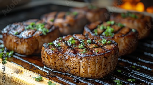 Grilled steaks with herbs on a barbecue grill during an outdoor cooking session