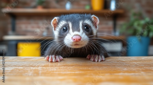 Cute ferret peeking over a wooden table in a cozy indoor setting during daytime