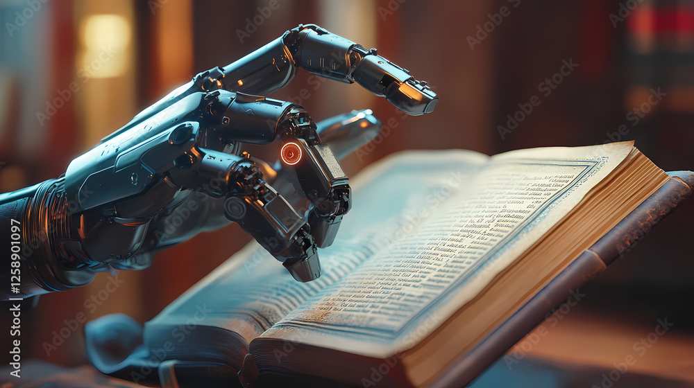 Fototapeta premium Real robots hand with ancient bible book concepts of artificial intelligence development and machine learning : generative ai. Mechanical Gods. Illustration