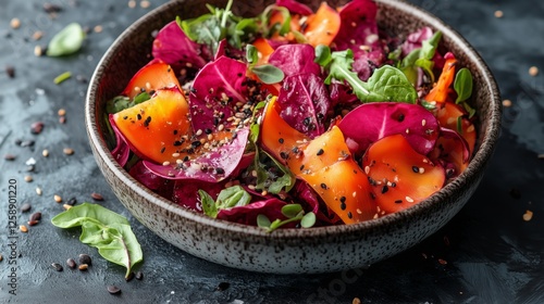 Colorful salad with mixed greens, beet leaves, and fresh ingredients in a rus...