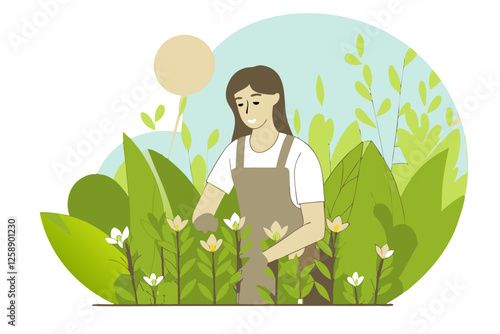 Illustration of a young woman tending to plants in a garden with sunlight and greenery