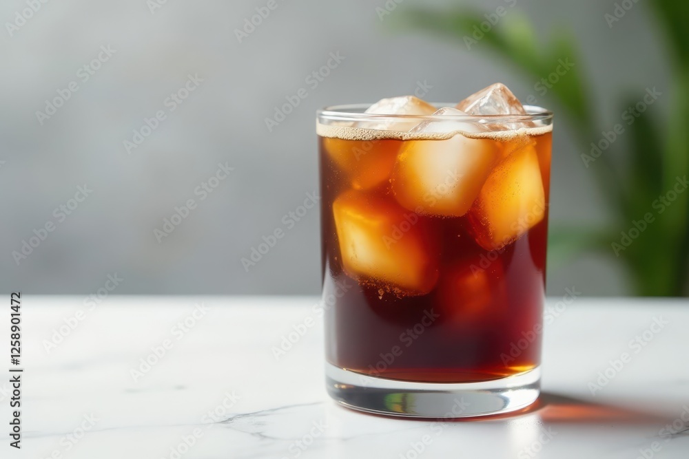 Clear glass of cold brew coffee with ice cubes on pristine white marble surface, homemade, product photography, home Clear glass of cold brew coffee with ice cubes on pristine white marble surface, homemade, product photography, home