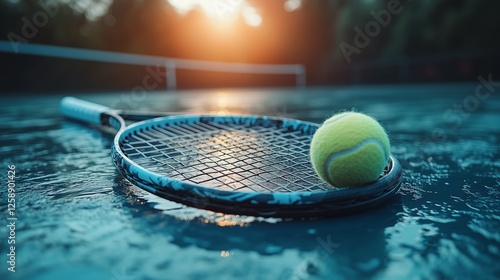 Tennis racquet and ball resting on wet court during sunset in an outdoor setting