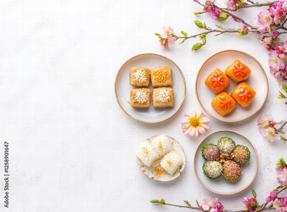 Top view of three plates with traditional Middle Eastern sweets. concept for Ramadan celebration. various delicious confectionery on a white background with copy space. Top view of three plates with traditional Middle Eastern sweets. concept for Ramadan celebration. various delicious confectionery on a white background with copy space.