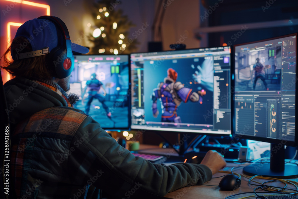 Game developer wearing headphones works on 3D character design in studio with multiple monitors. Concept of gaming, creativity and digital art