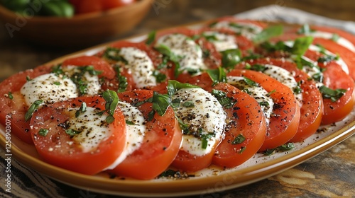 Delicious caprese salad with fresh tomatoes and mozzarella served on a rustic...