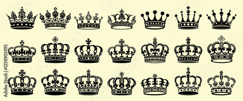 Elegant vintage crown collection isolated illustration, vector set