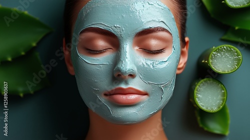 Woman relaxing with a soothing green facial mask surrounded by aloe vera in a...