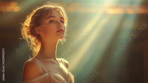 Elegant young woman illuminated by soft sunlight in a serene setting