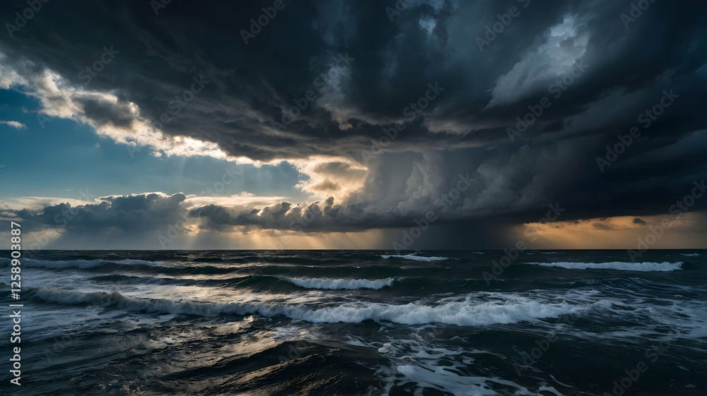 Dramatic seascape with turbulent waves dark ominous clouds and streaks of sunlight piercing through the storm Dramatic seascape with turbulent waves dark ominous clouds and streaks of sunlight piercing through the storm