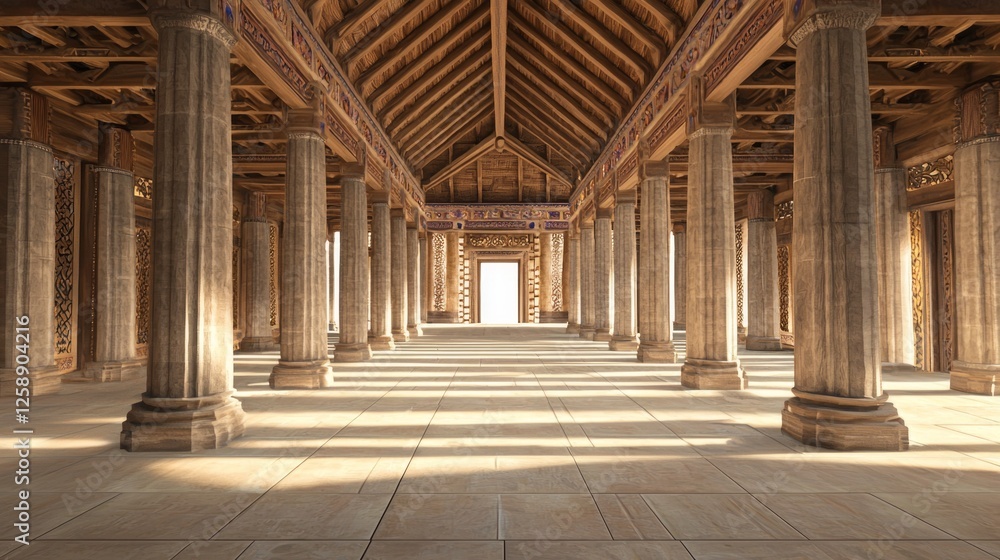 Majestic Grand Hall with Tall Wooden Columns and Warm Lighting Majestic Grand Hall with Tall Wooden Columns and Warm Lighting