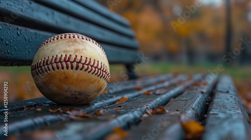 Baseball resting on a wet park bench surrounded by fallen leaves in autumn