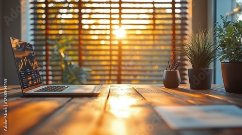 Warm sunlight illuminates a workspace with plants and a laptop in the early e...