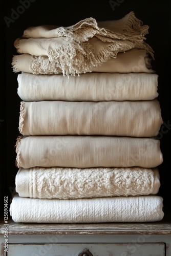 Soft neutral fabrics stacked neatly on a shelf in a cozy interior space