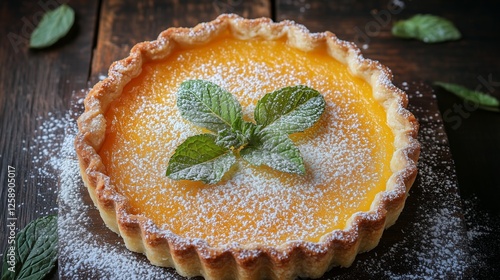 Lemon tart with mint leaves garnished on rustic wooden surface