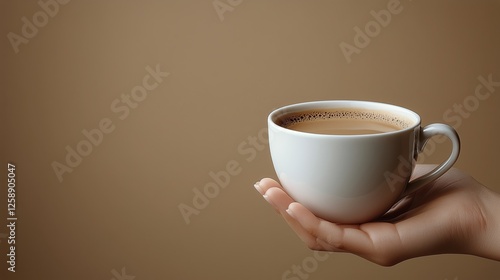 Warm mug of coffee held in hand against a simple brown background