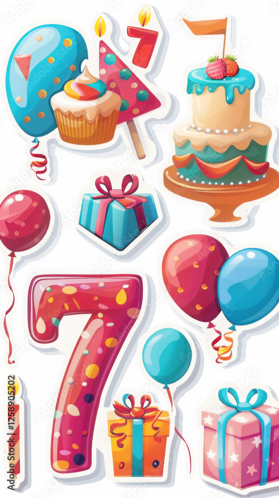 Colorful birthday celebration sticker set with balloons and cake decorations Colorful birthday celebration sticker set with balloons and cake decorations