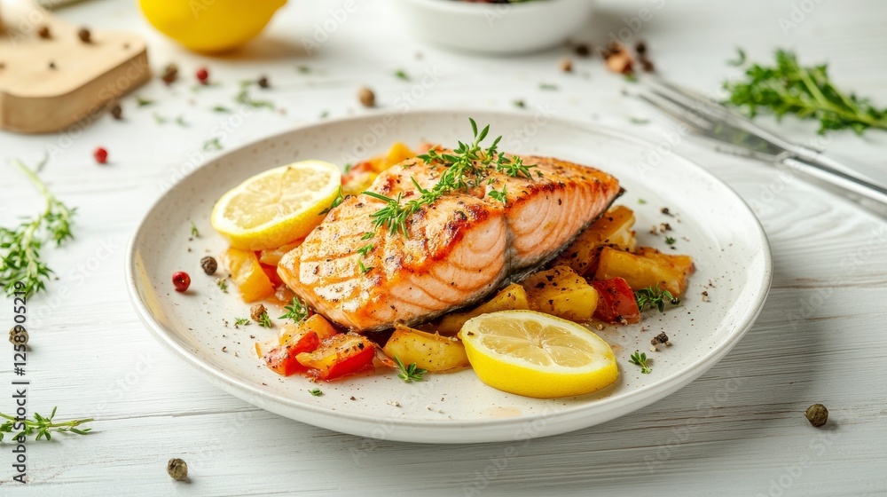 Grilled Salmon With Pineapple And Vegetables On Plate Grilled Salmon With Pineapple And Vegetables On Plate