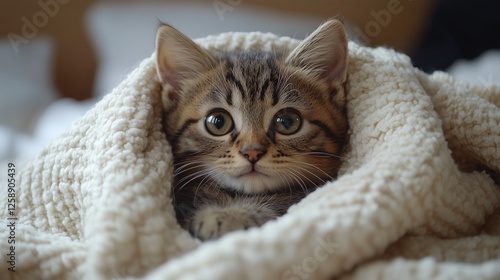 Cute kitten wrapped in a blanket relaxing at home during the afternoon