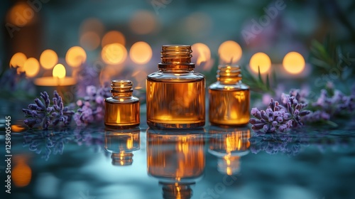 Aromatic essential oils arranged with lavender flowers and candles during a s...
