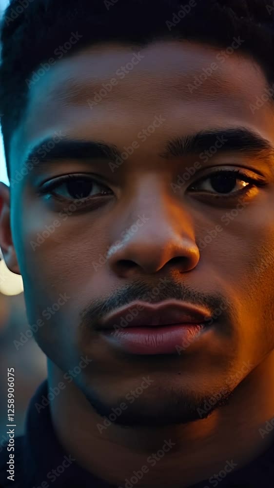Moody nighttime portrait of a serious handsome African American man with short hair, facial hair, and a confident expression against blurred city lights. Vertical Video made using Generative AI.