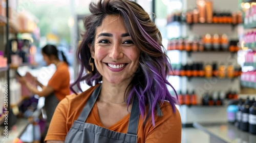 Confident Hispanic Woman with Purple Highlights Smiling in Hair Salon with Colleagues in Background
