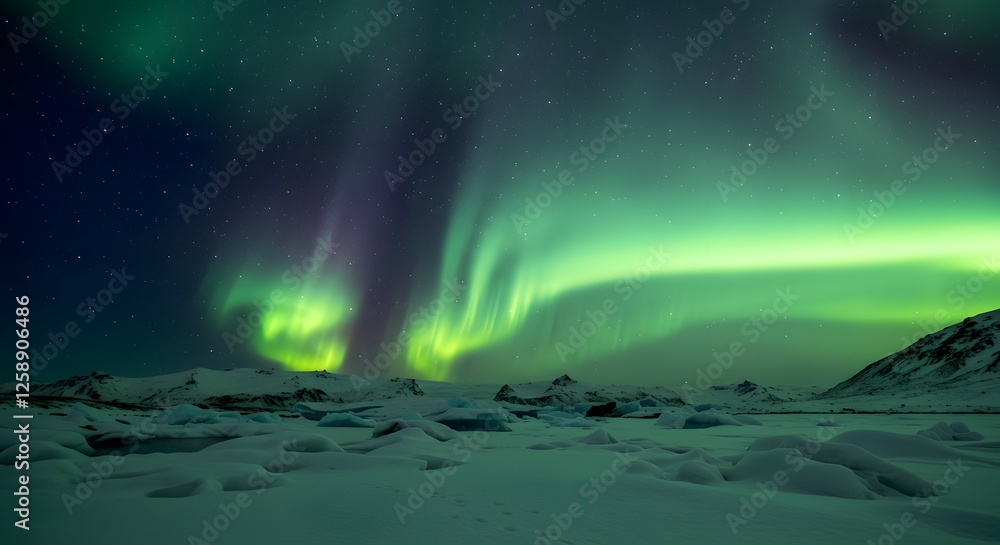 Naklejka premium Green Aurora Borealis Over Frozen Landscape and Mountains at Night