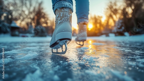 Beautiful sunset illuminates a figure skating on an outdoor rink in winter