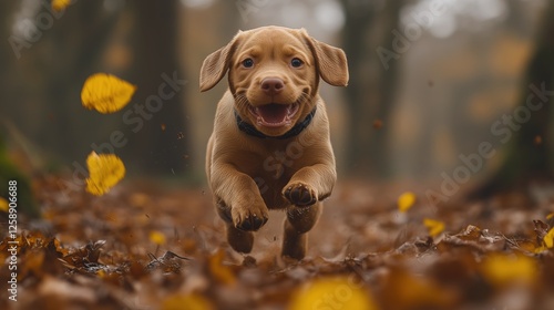 Happy puppy runs through autumn leaves in a forest setting