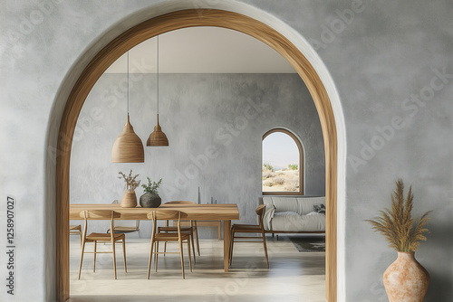 Interior of living room with gray wall and arched doorway to the modern dining room, wooden table and chair. Contemporary home design. photo