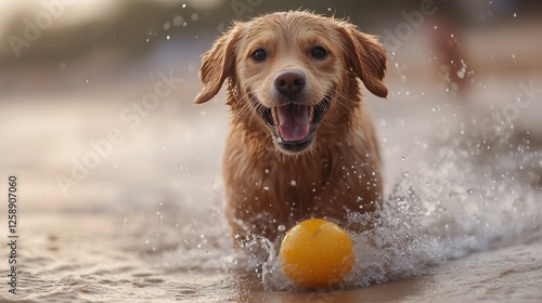 Joyful golden retriever splashes through water while chasing a yellow ball at...