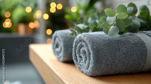 Relaxing bathroom setting with towels and greenery in a serene environment