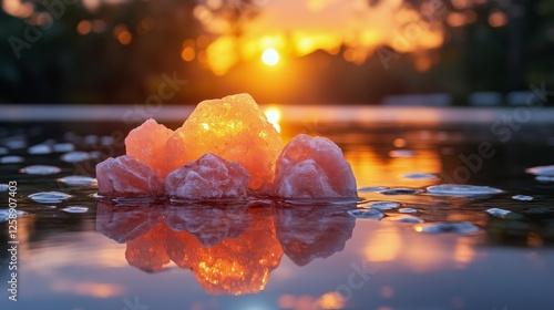 Colorful salt crystals reflect the sunset over a tranquil water surface in a ...
